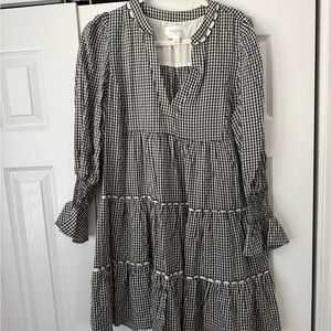 Pomander Place Black and White Gingham Tiered Long Sleeve Dress